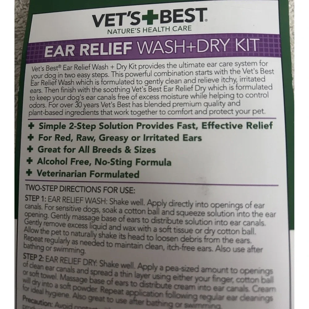Vets Best Ear Relief Wash + Dry Kit New in Box